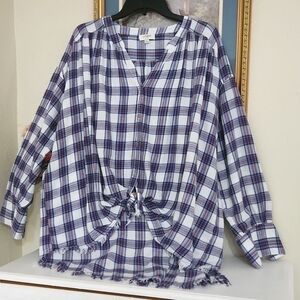 Umgee Plaid Button Down Size Large Raw Hem High Low cut Fall Modest Peasant